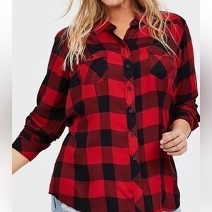 Torrid Red Plaid Twill Button Slim Fit Flannel Look Blouse Shirt Size 00 M/L